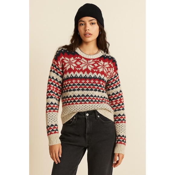 Abercrombie & Fitch Sweaters - Abercrombie Fitch Fair Isle Snowflake Sweater Red‎ Black Beige Womens M